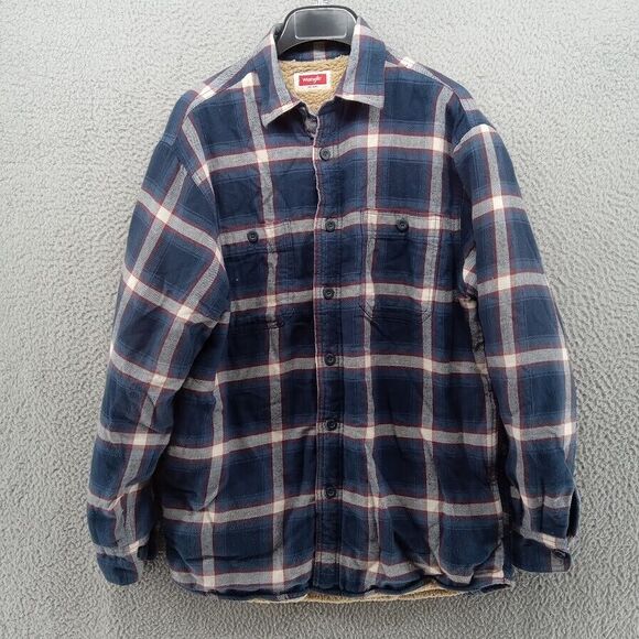 Wrangler Shirt Mens Small Blue‎ Plaid Sherpa Lined Shacket Pockets Button Up - Picture 1 of 8